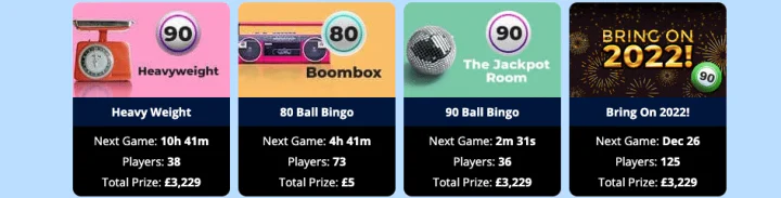 Dear Bingo bingo rooms showing scheduled games, player counts and total prize pools for different bingo formats